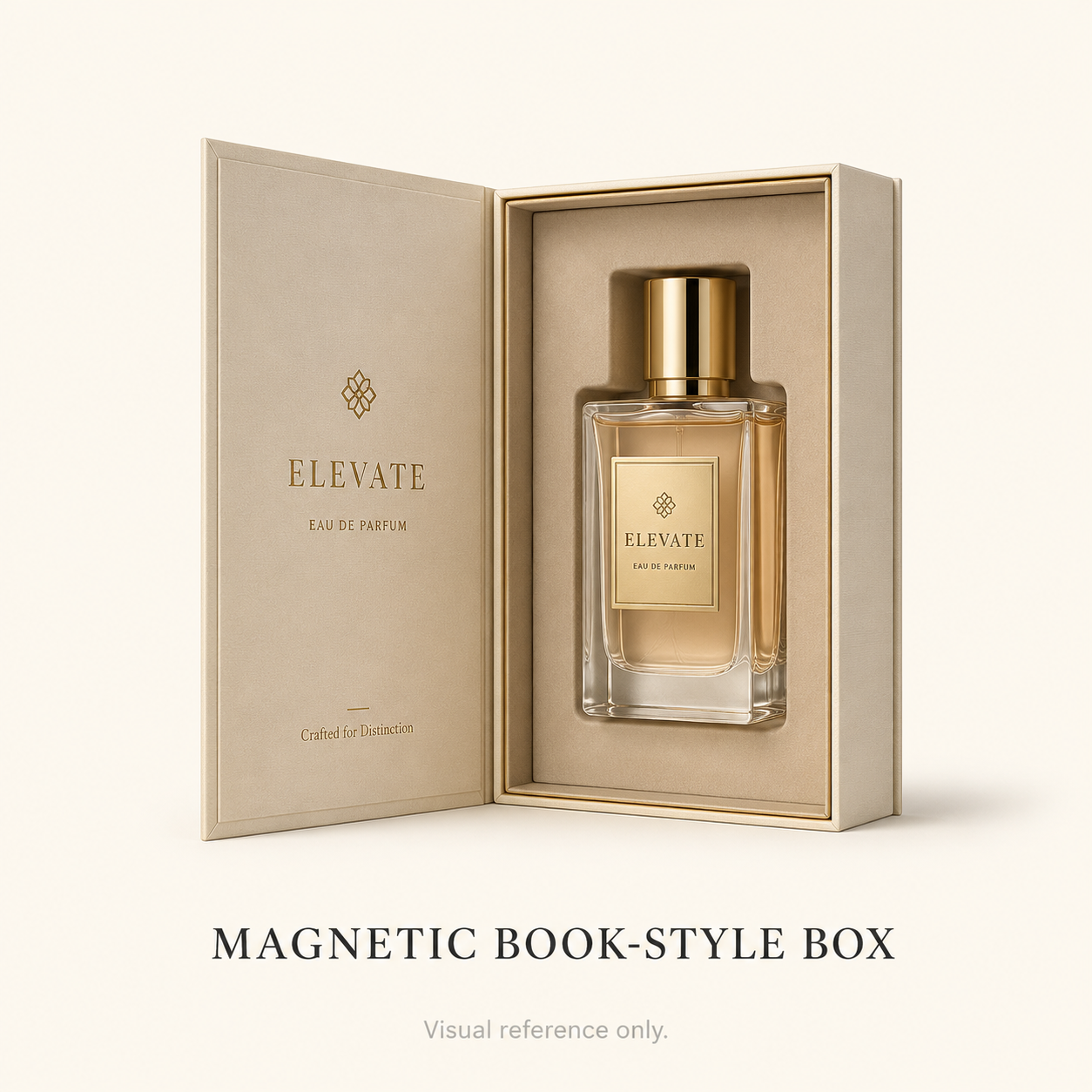 Magnetic book-style perfume box visual reference