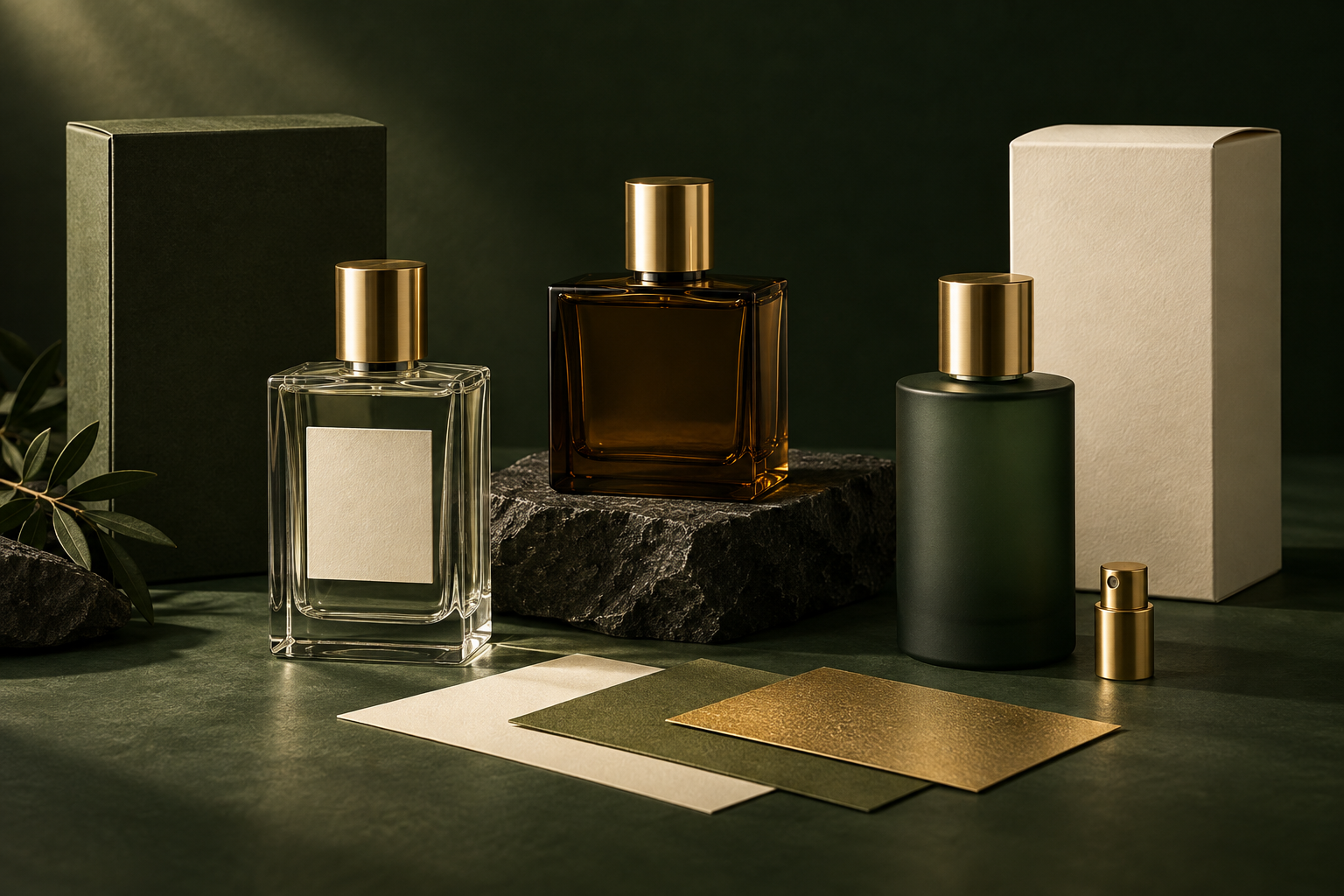 Conceptual clear, amber and frosted perfume bottles with coordinated packaging