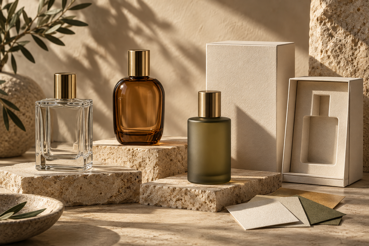 Coordinated empty perfume bottle and presentation packaging reference