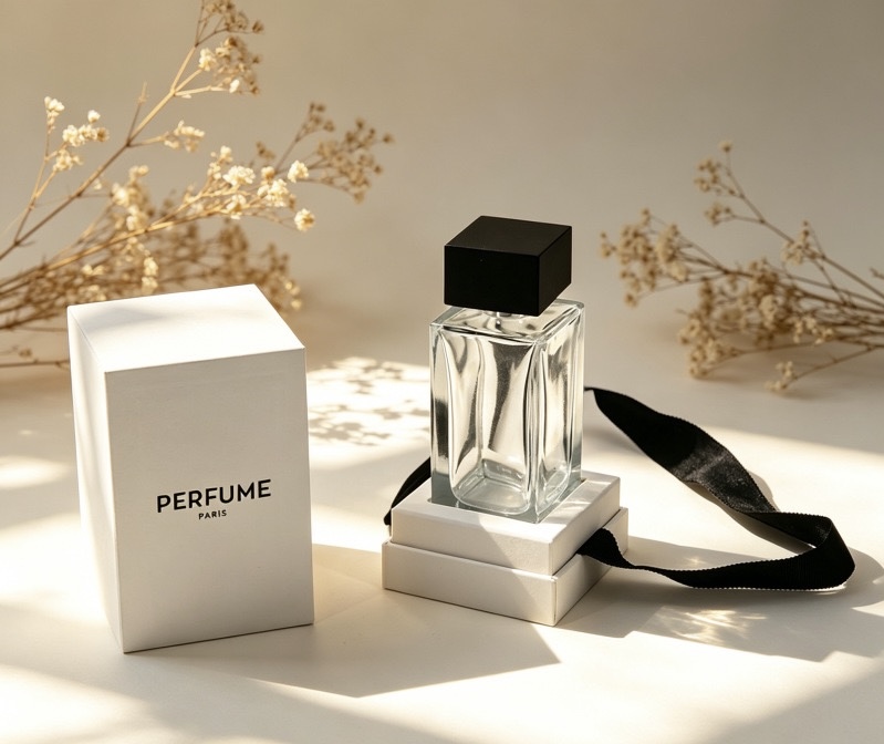 Minimal white perfume box with a clean presentation setup