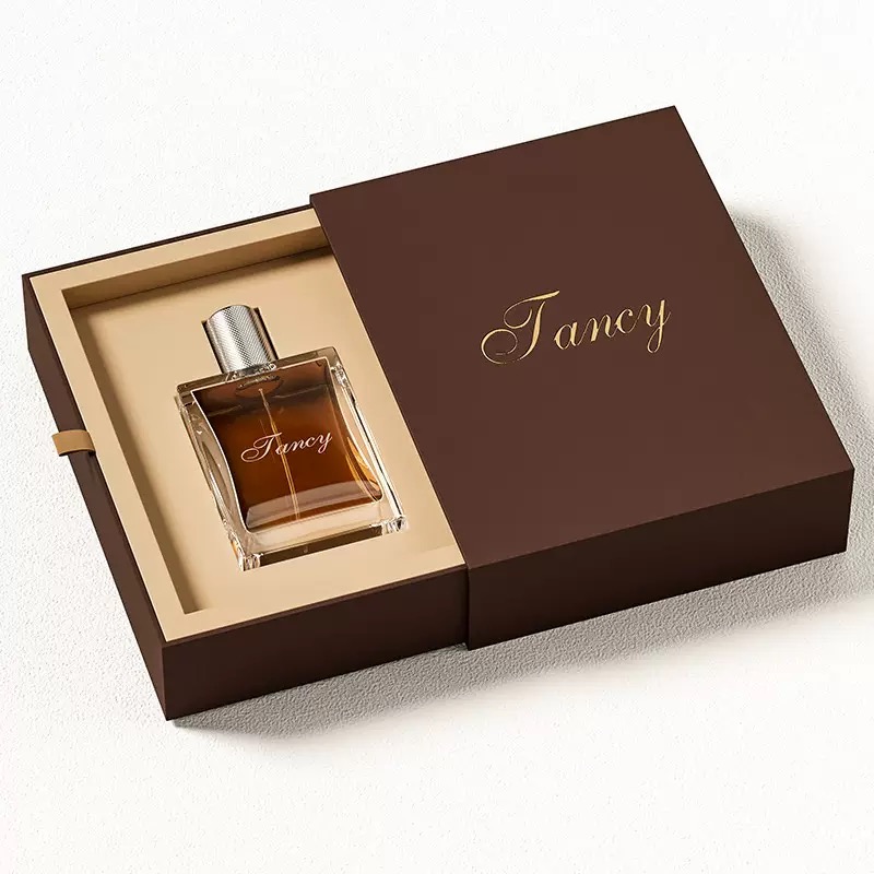 Brown drawer-style perfume box with a fitted presentation insert