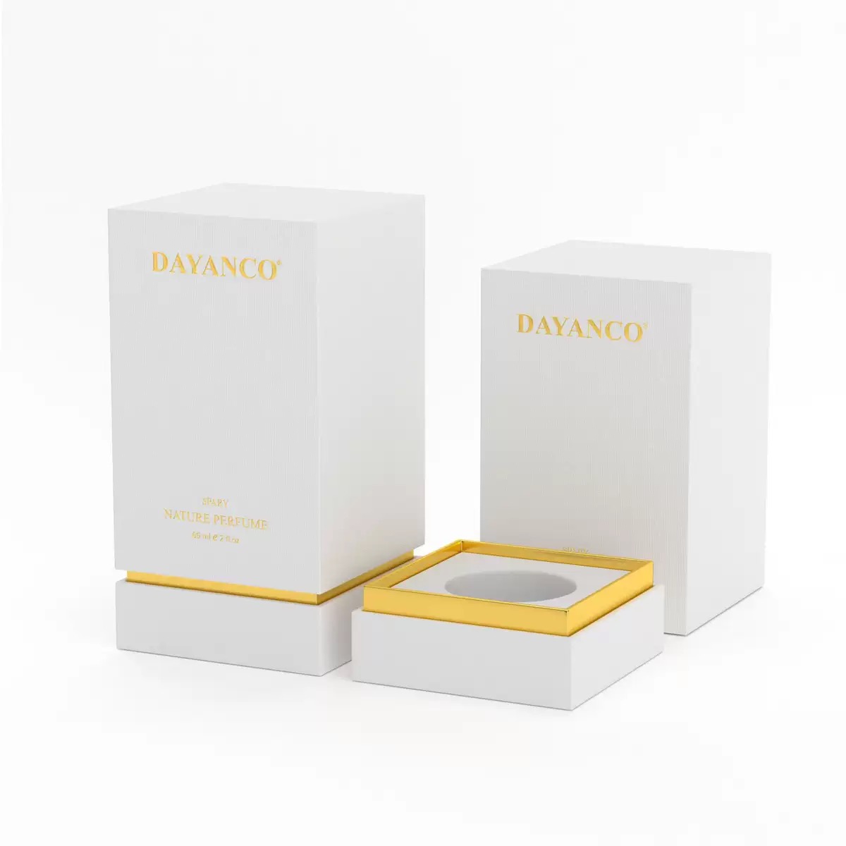 White and gold lid-and-base perfume box with a fitted insert