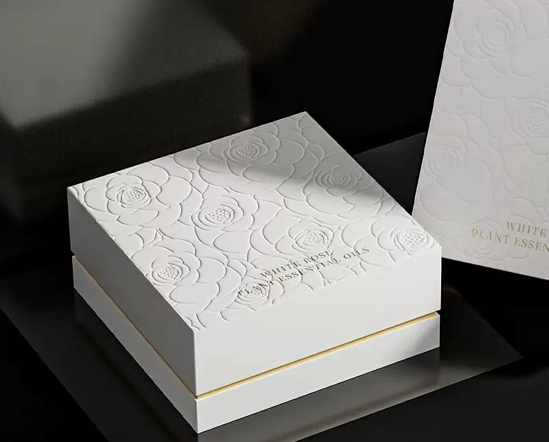 White embossed lid-and-base gift box with floral surface detailing